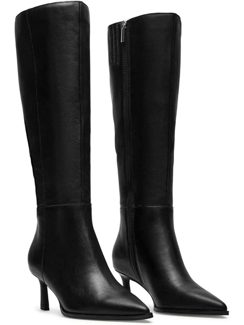 👢Women's Black Knee High Boots Leather Tall Boots Stiletto Kitten Heeled Boots